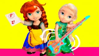 Barbie Doll and Elsa, Anna toddlers after School fun, play guitar  Puppy eats Homework!